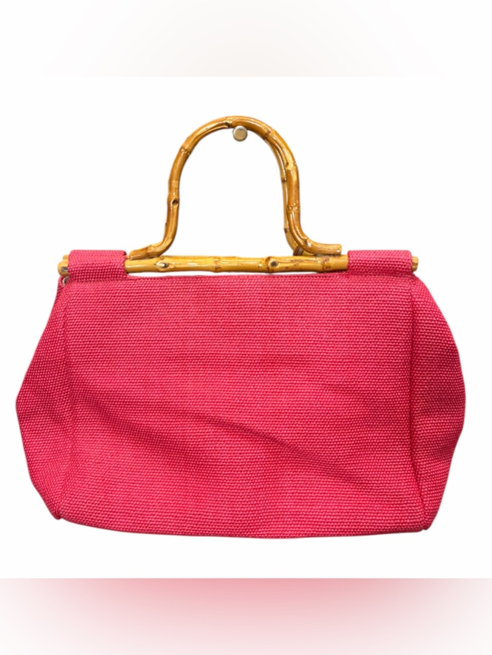 Vintage 1954 Fossil pink woven Bag with double bamboo handles & cute key charm